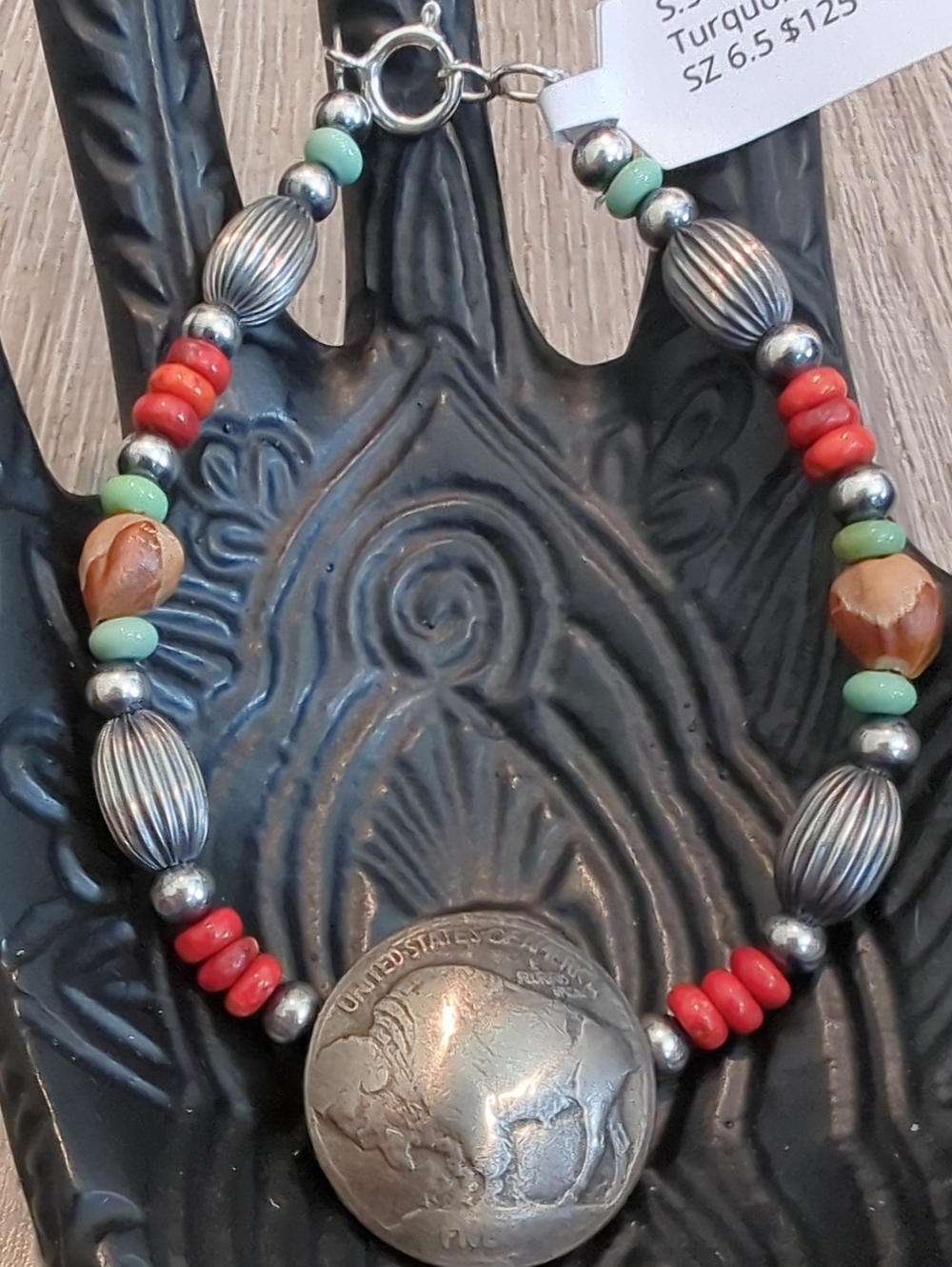Navajo Handmade Buffalo Nickel Sterling Apple Coral Ghost Bead Bracelet
